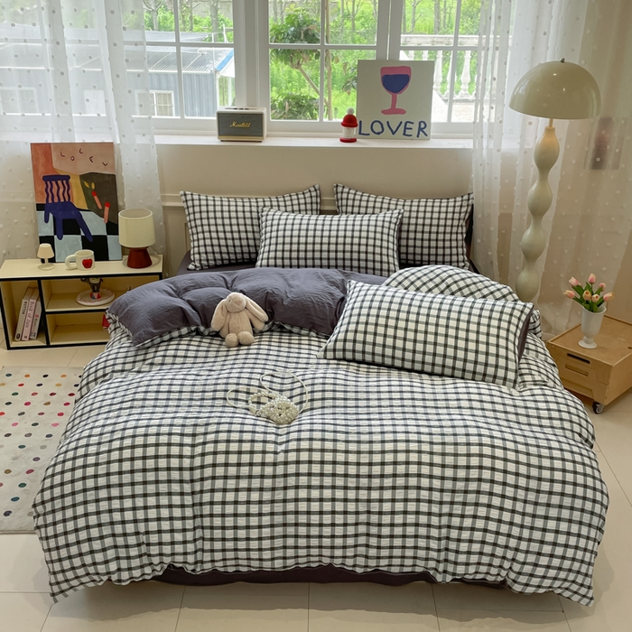 91家纺网 家纺一手货源 找家纺 凯洛奇 2025新款窗格纹泡泡纱阳离子四件套（提供买家秀） 窗格纹泡泡纱-黑白配