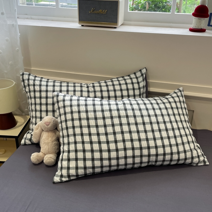 91家纺网 家纺一手货源 找家纺 凯洛奇 2025新款窗格纹泡泡纱阳离子四件套（提供买家秀） 窗格纹泡泡纱-黑白配