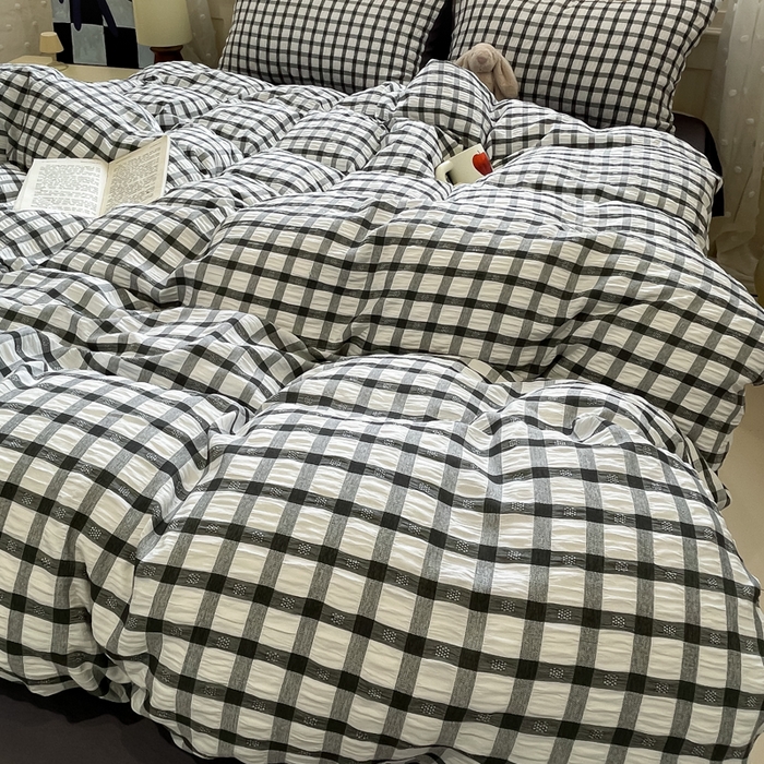 91家纺网 家纺一手货源 找家纺 凯洛奇 2025新款窗格纹泡泡纱阳离子四件套（提供买家秀） 窗格纹泡泡纱-黑白配