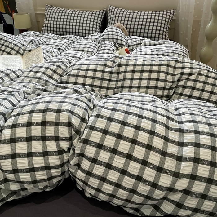 91家纺网 家纺一手货源 找家纺 凯洛奇 2025新款窗格纹泡泡纱阳离子四件套（提供买家秀） 窗格纹泡泡纱-黑白配