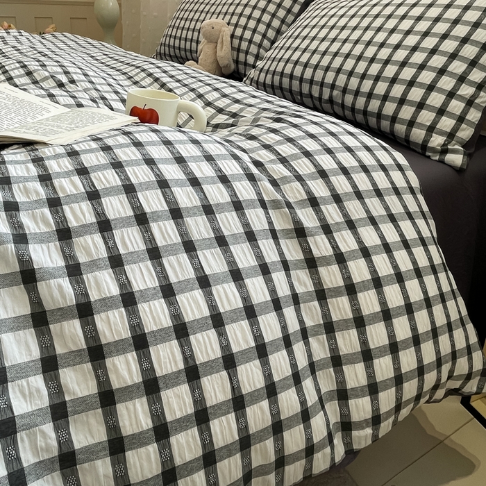 91家纺网 家纺一手货源 找家纺 凯洛奇 2025新款窗格纹泡泡纱阳离子四件套（提供买家秀） 窗格纹泡泡纱-黑白配