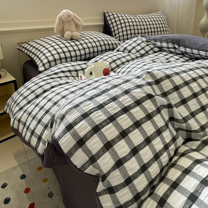 91家纺网 家纺一手货源 找家纺 凯洛奇 2025新款窗格纹泡泡纱阳离子四件套（提供买家秀） 窗格纹泡泡纱-黑白配