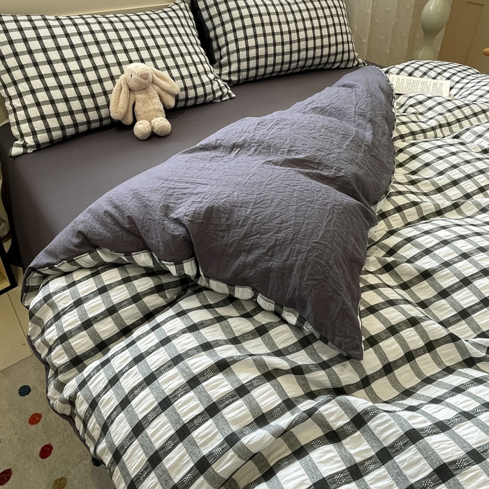 91家纺网 家纺一手货源 找家纺 凯洛奇 2025新款窗格纹泡泡纱阳离子四件套（提供买家秀） 窗格纹泡泡纱-黑白配