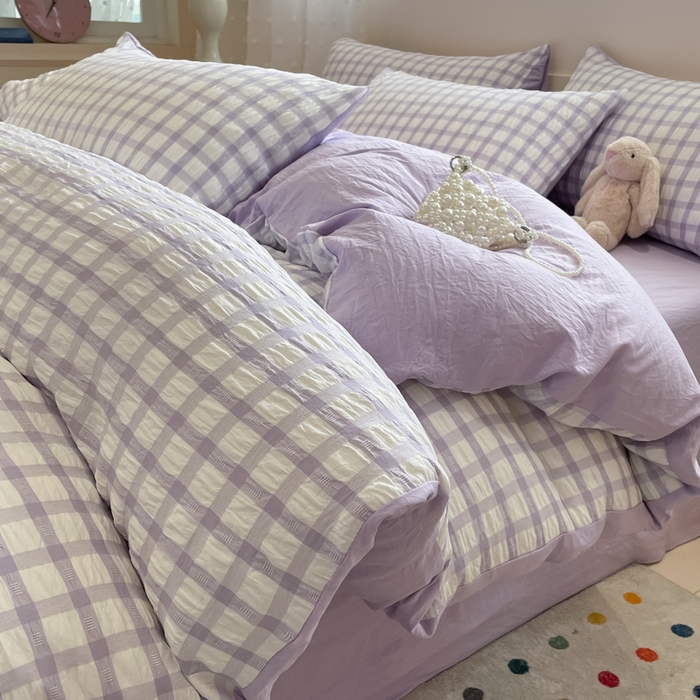 91家纺网 家纺一手货源 找家纺 凯洛奇 2025新款窗格纹泡泡纱阳离子四件套 窗格纹泡泡纱-梦幻紫（提供买家秀）