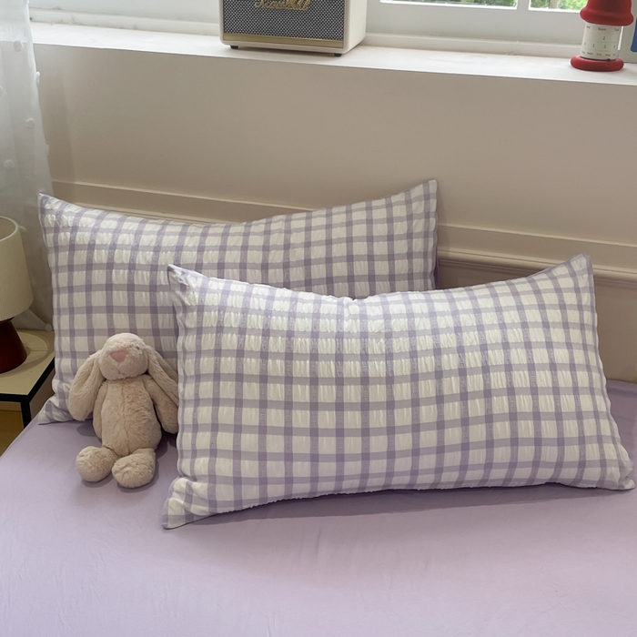 91家纺网 家纺一手货源 找家纺 凯洛奇 2025新款窗格纹泡泡纱阳离子四件套 窗格纹泡泡纱-梦幻紫（提供买家秀）