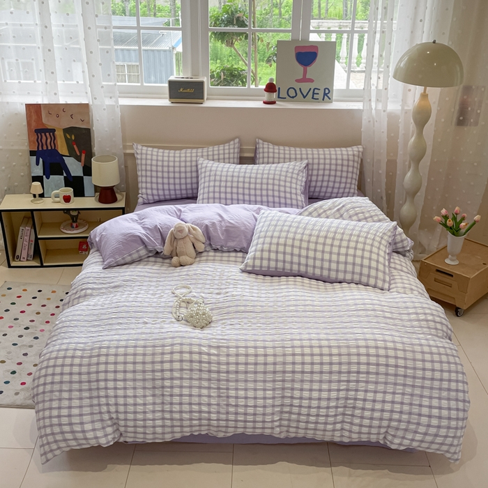 91家纺网 家纺一手货源 找家纺 凯洛奇 2025新款窗格纹泡泡纱阳离子四件套 窗格纹泡泡纱-梦幻紫（提供买家秀）