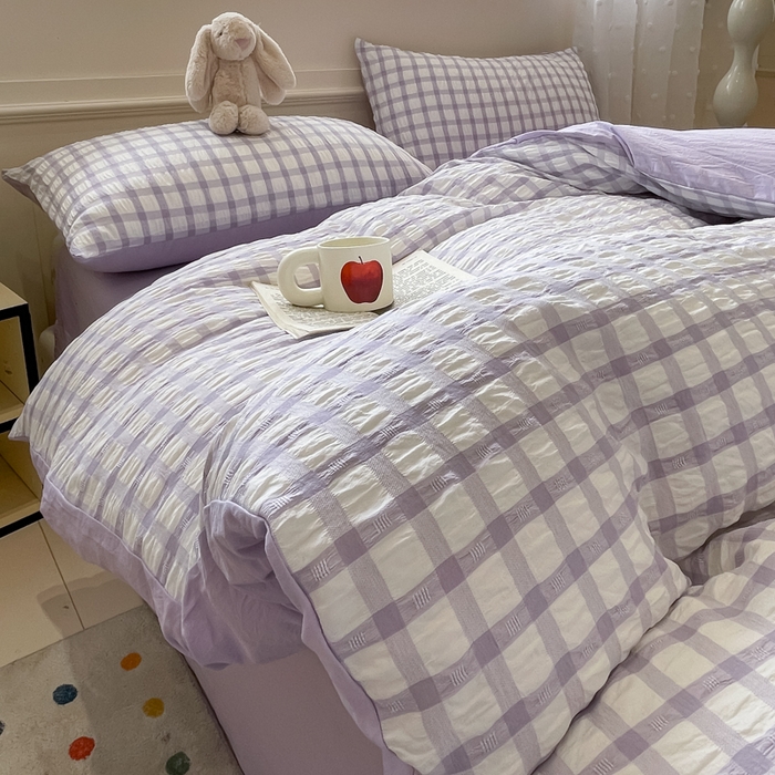 91家纺网 家纺一手货源 找家纺 凯洛奇 2025新款窗格纹泡泡纱阳离子四件套 窗格纹泡泡纱-梦幻紫（提供买家秀）