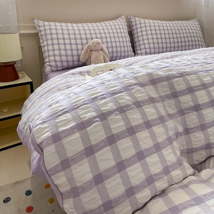 91家纺网 家纺一手货源 找家纺 凯洛奇 2025新款窗格纹泡泡纱阳离子四件套 窗格纹泡泡纱-梦幻紫（提供买家秀）