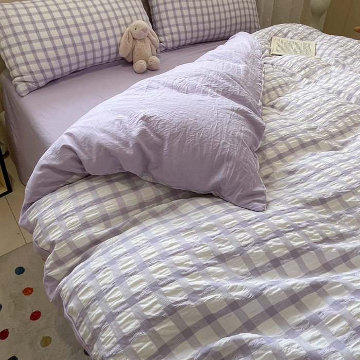 91家纺网 家纺一手货源 找家纺 凯洛奇 2025新款窗格纹泡泡纱阳离子四件套 窗格纹泡泡纱-梦幻紫（提供买家秀）