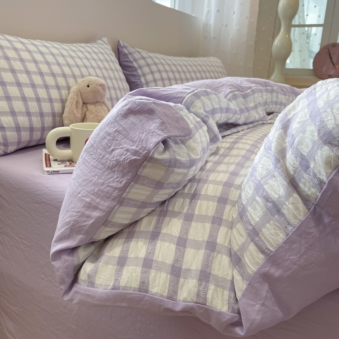 91家纺网 家纺一手货源 找家纺 凯洛奇 2025新款窗格纹泡泡纱阳离子四件套 窗格纹泡泡纱-梦幻紫（提供买家秀）