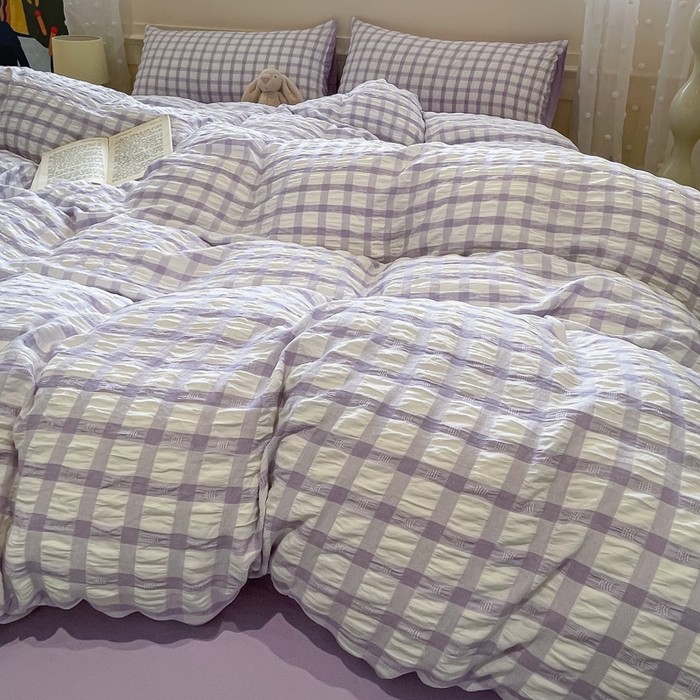 91家纺网 家纺一手货源 找家纺 凯洛奇 2025新款窗格纹泡泡纱阳离子四件套 窗格纹泡泡纱-梦幻紫（提供买家秀）