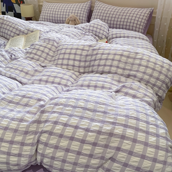 91家纺网 家纺一手货源 找家纺 凯洛奇 2025新款窗格纹泡泡纱阳离子四件套 窗格纹泡泡纱-梦幻紫（提供买家秀）