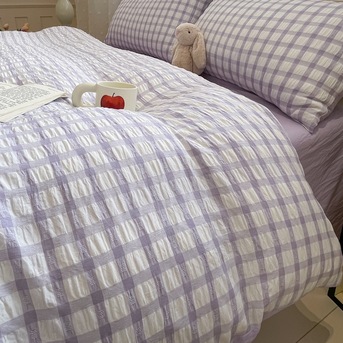 91家纺网 家纺一手货源 找家纺 凯洛奇 2025新款窗格纹泡泡纱阳离子四件套 窗格纹泡泡纱-梦幻紫（提供买家秀）