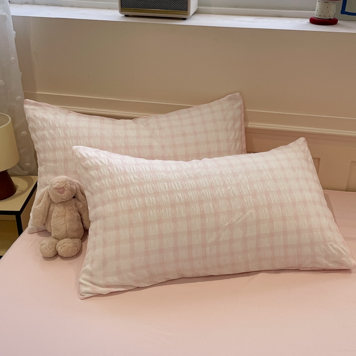 91家纺网 家纺一手货源 找家纺 凯洛奇 2025新款窗格纹泡泡纱阳离子四件套（提供买家秀） 窗格纹泡泡纱-蜜桃粉