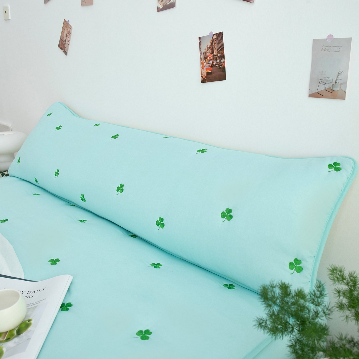 云玲时尚 2025新款亲肤夹棉绣花双人枕套-叶子系列 叶子-水蓝