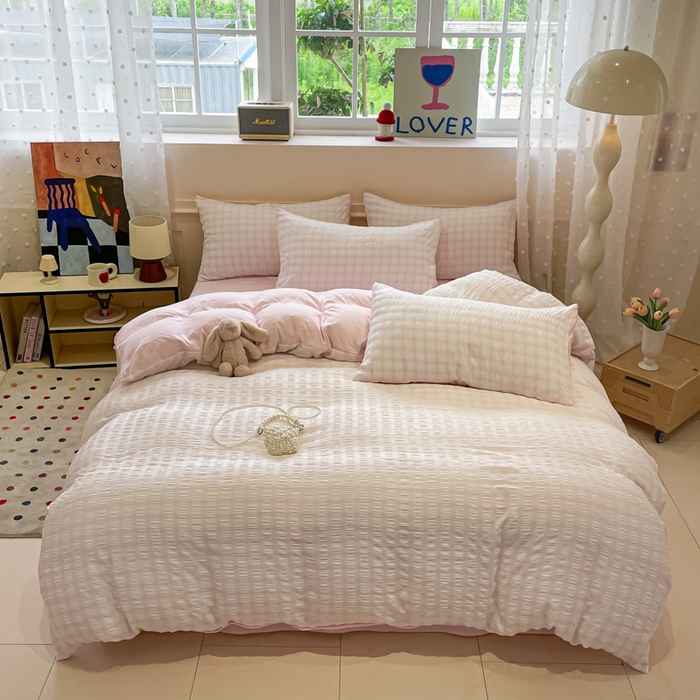 91家纺网 家纺一手货源 找家纺 凯洛奇 2025新款窗格纹泡泡纱阳离子四件套（提供买家秀） 窗格纹泡泡纱-蜜桃粉