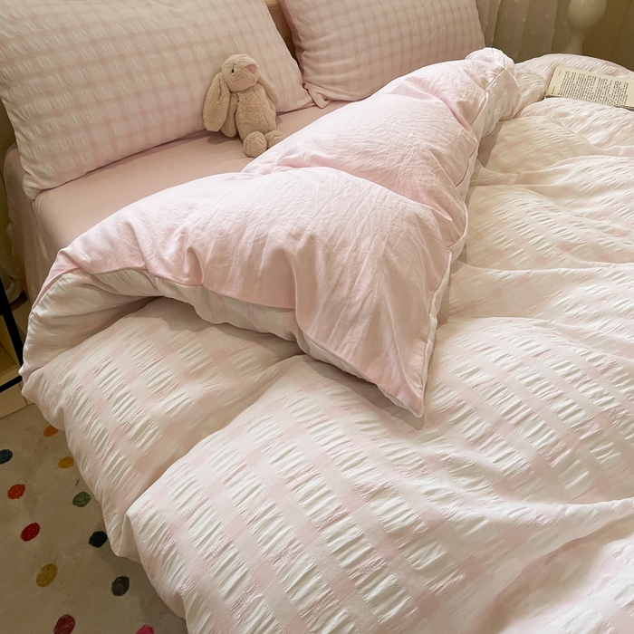 91家纺网 家纺一手货源 找家纺 凯洛奇 2025新款窗格纹泡泡纱阳离子四件套（提供买家秀） 窗格纹泡泡纱-蜜桃粉