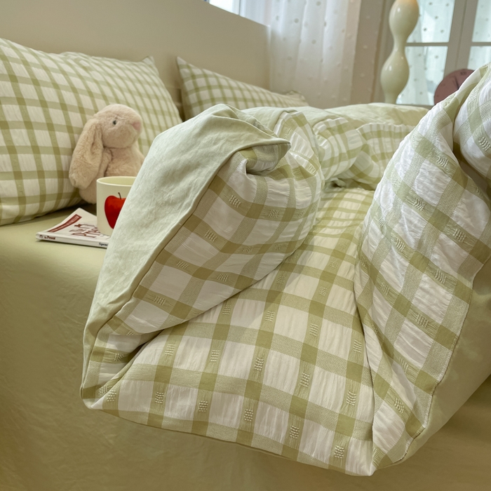 91家纺网 家纺一手货源 找家纺 凯洛奇 2025新款窗格纹泡泡纱阳离子四件套（提供买家秀） 窗格纹泡泡纱-抹茶绿