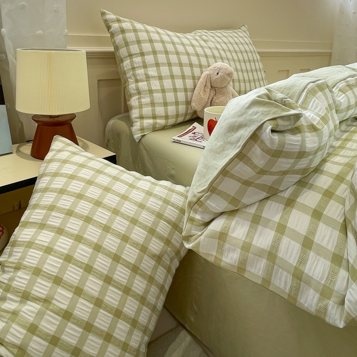 91家纺网 家纺一手货源 找家纺 凯洛奇 2025新款窗格纹泡泡纱阳离子四件套（提供买家秀） 窗格纹泡泡纱-抹茶绿
