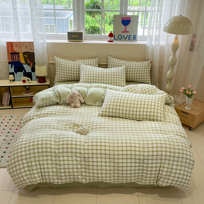 91家纺网 家纺一手货源 找家纺 凯洛奇 2025新款窗格纹泡泡纱阳离子四件套（提供买家秀） 窗格纹泡泡纱-抹茶绿