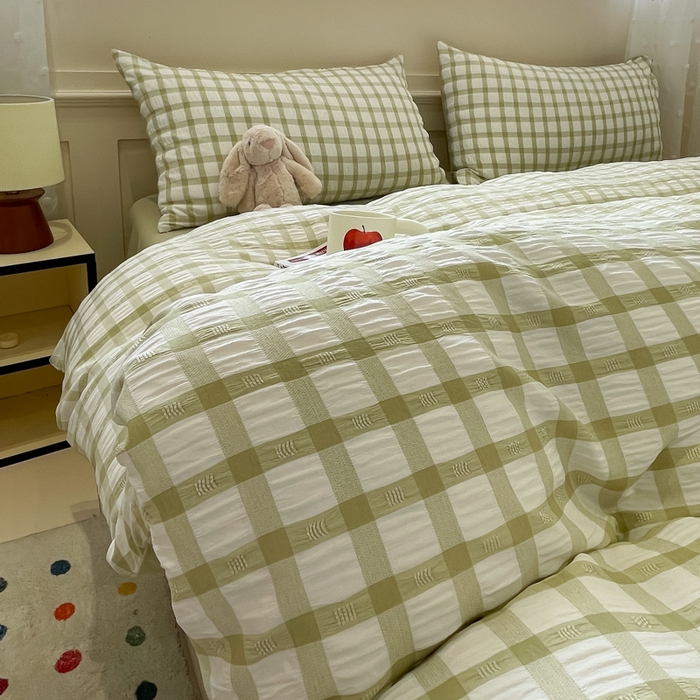 91家纺网 家纺一手货源 找家纺 凯洛奇 2025新款窗格纹泡泡纱阳离子四件套（提供买家秀） 窗格纹泡泡纱-抹茶绿