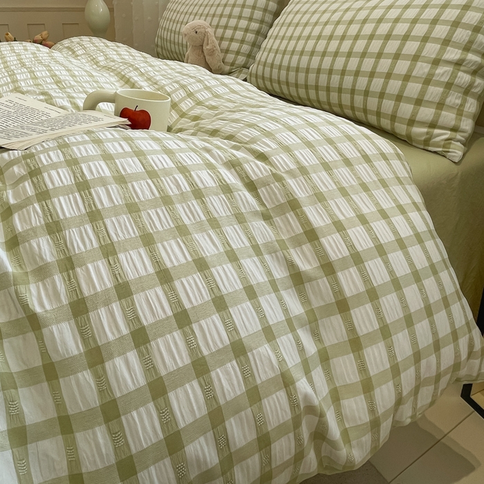 91家纺网 家纺一手货源 找家纺 凯洛奇 2025新款窗格纹泡泡纱阳离子四件套（提供买家秀） 窗格纹泡泡纱-抹茶绿