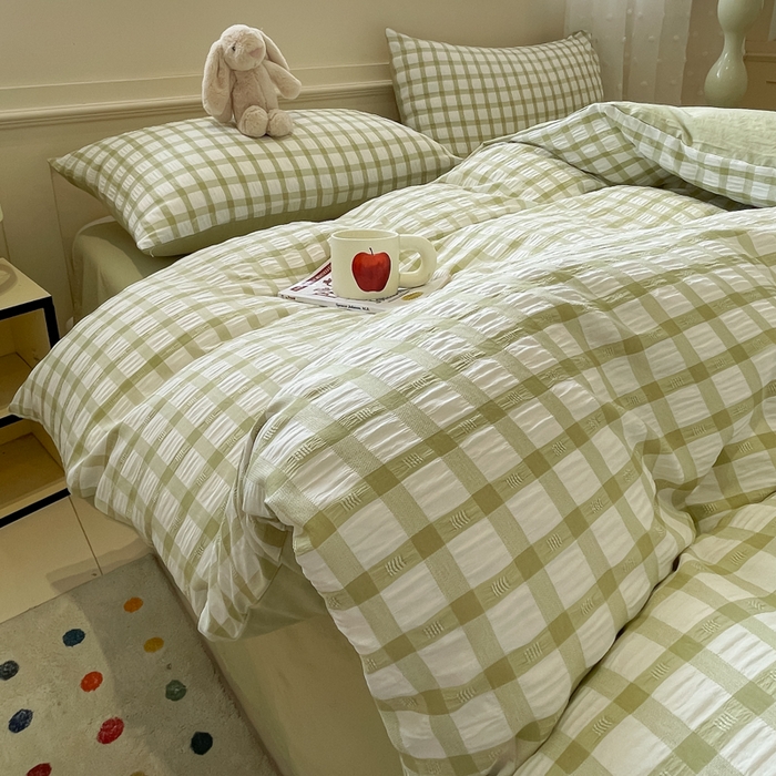 91家纺网 家纺一手货源 找家纺 凯洛奇 2025新款窗格纹泡泡纱阳离子四件套（提供买家秀） 窗格纹泡泡纱-抹茶绿