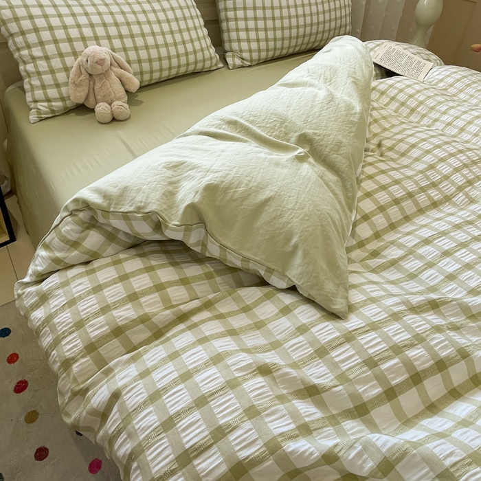91家纺网 家纺一手货源 找家纺 凯洛奇 2025新款窗格纹泡泡纱阳离子四件套（提供买家秀） 窗格纹泡泡纱-抹茶绿
