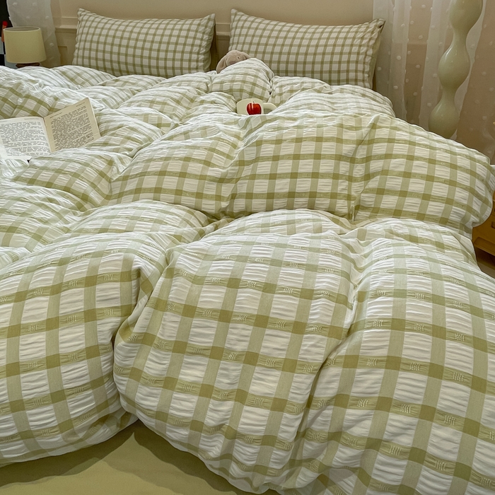 91家纺网 家纺一手货源 找家纺 凯洛奇 2025新款窗格纹泡泡纱阳离子四件套（提供买家秀） 窗格纹泡泡纱-抹茶绿