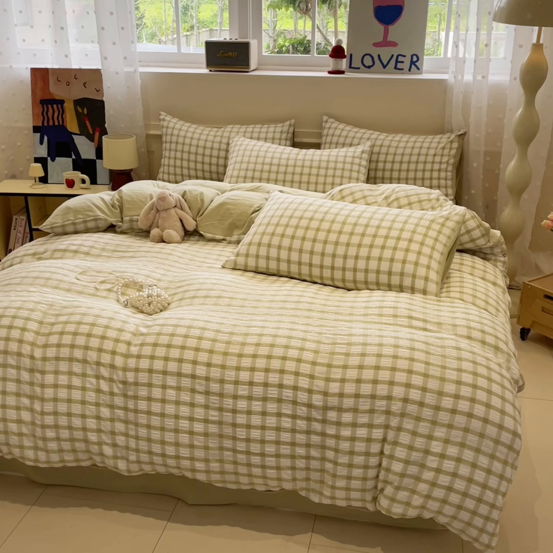 91家纺网 家纺一手货源 找家纺 凯洛奇 2025新款窗格纹泡泡纱阳离子四件套（提供买家秀） 窗格纹泡泡纱-抹茶绿