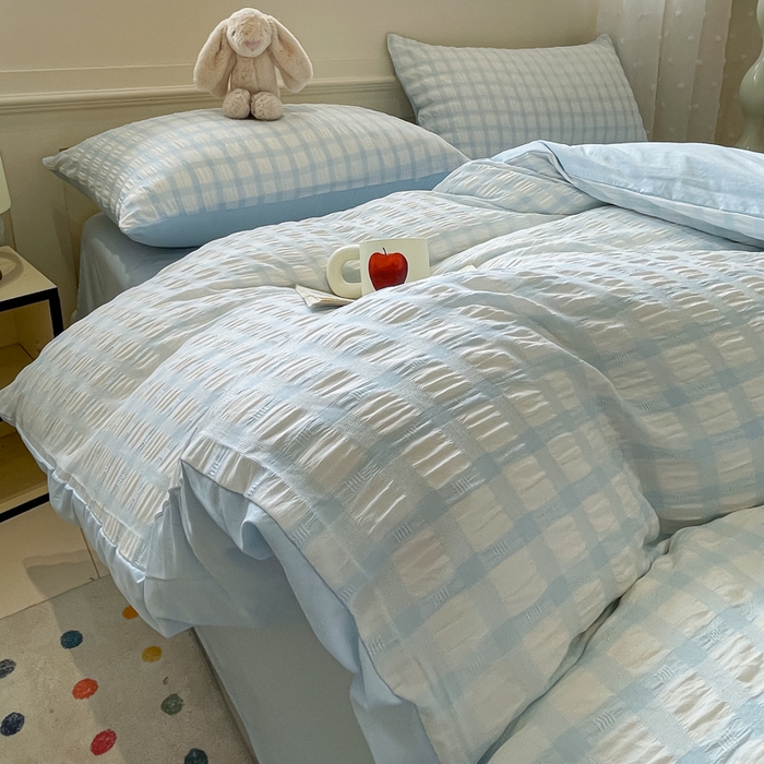 91家纺网 家纺一手货源 找家纺 凯洛奇 2025新款窗格纹泡泡纱阳离子四件套（提供买家秀） 窗格纹泡泡纱-天青蓝