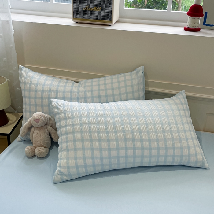 91家纺网 家纺一手货源 找家纺 凯洛奇 2025新款窗格纹泡泡纱阳离子四件套（提供买家秀） 窗格纹泡泡纱-天青蓝