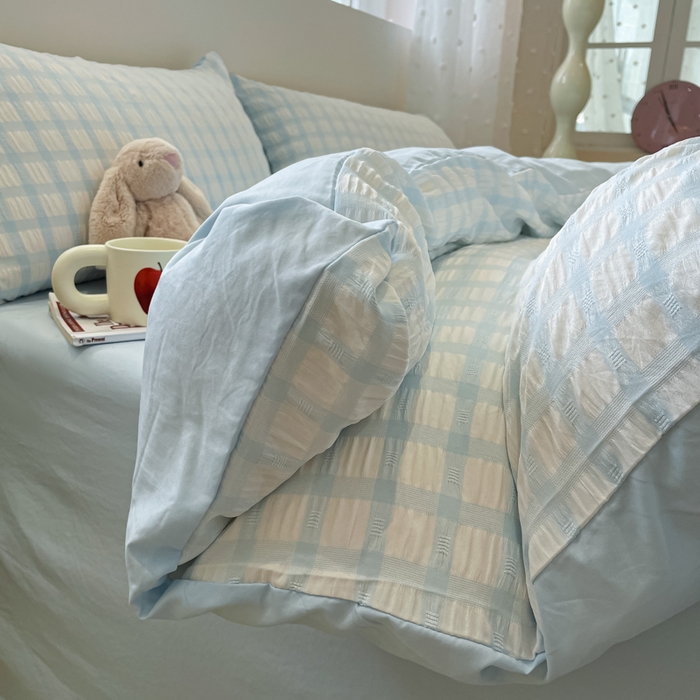 91家纺网 家纺一手货源 找家纺 凯洛奇 2025新款窗格纹泡泡纱阳离子四件套（提供买家秀） 窗格纹泡泡纱-天青蓝