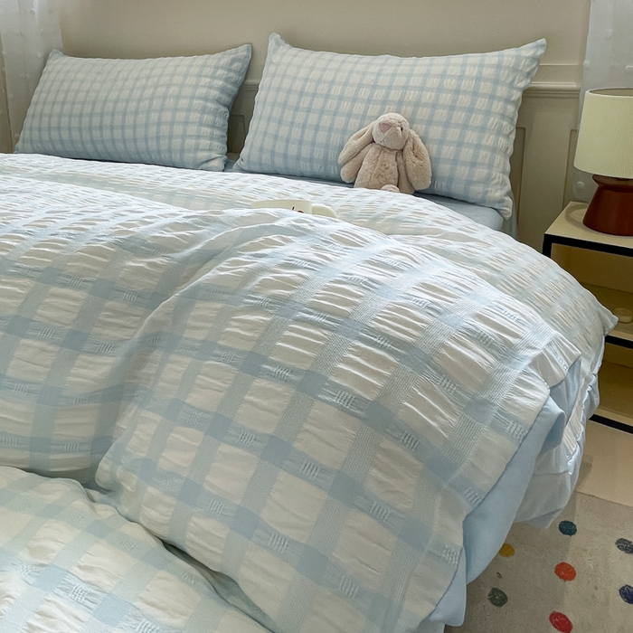 91家纺网 家纺一手货源 找家纺 凯洛奇 2025新款窗格纹泡泡纱阳离子四件套（提供买家秀） 窗格纹泡泡纱-天青蓝