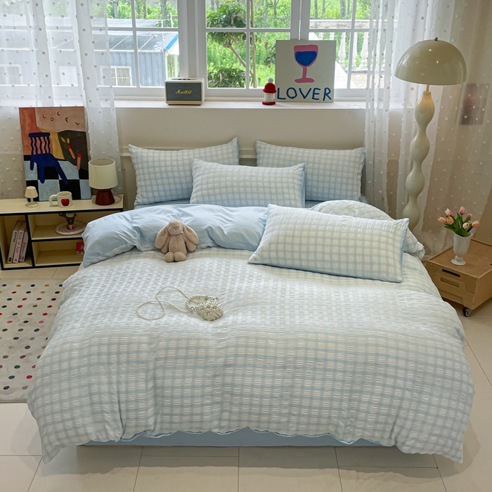 91家纺网 家纺一手货源 找家纺 凯洛奇 2025新款窗格纹泡泡纱阳离子四件套（提供买家秀） 窗格纹泡泡纱-天青蓝