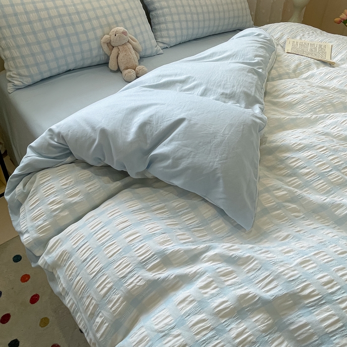 91家纺网 家纺一手货源 找家纺 凯洛奇 2025新款窗格纹泡泡纱阳离子四件套（提供买家秀） 窗格纹泡泡纱-天青蓝