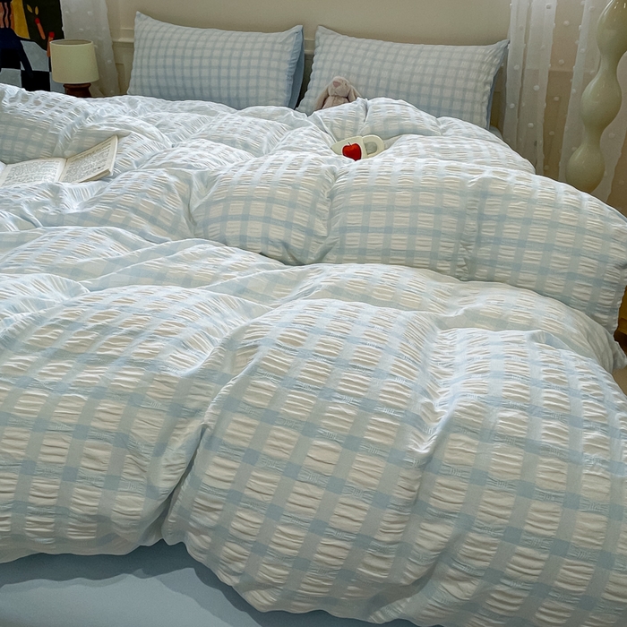 91家纺网 家纺一手货源 找家纺 凯洛奇 2025新款窗格纹泡泡纱阳离子四件套（提供买家秀） 窗格纹泡泡纱-天青蓝