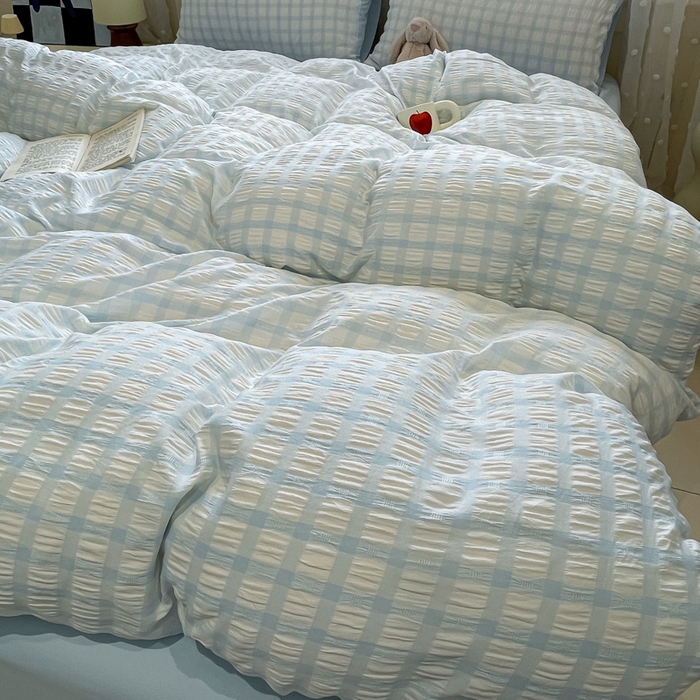 91家纺网 家纺一手货源 找家纺 凯洛奇 2025新款窗格纹泡泡纱阳离子四件套（提供买家秀） 窗格纹泡泡纱-天青蓝