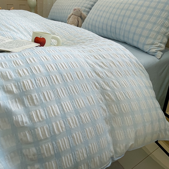 91家纺网 家纺一手货源 找家纺 凯洛奇 2025新款窗格纹泡泡纱阳离子四件套（提供买家秀） 窗格纹泡泡纱-天青蓝