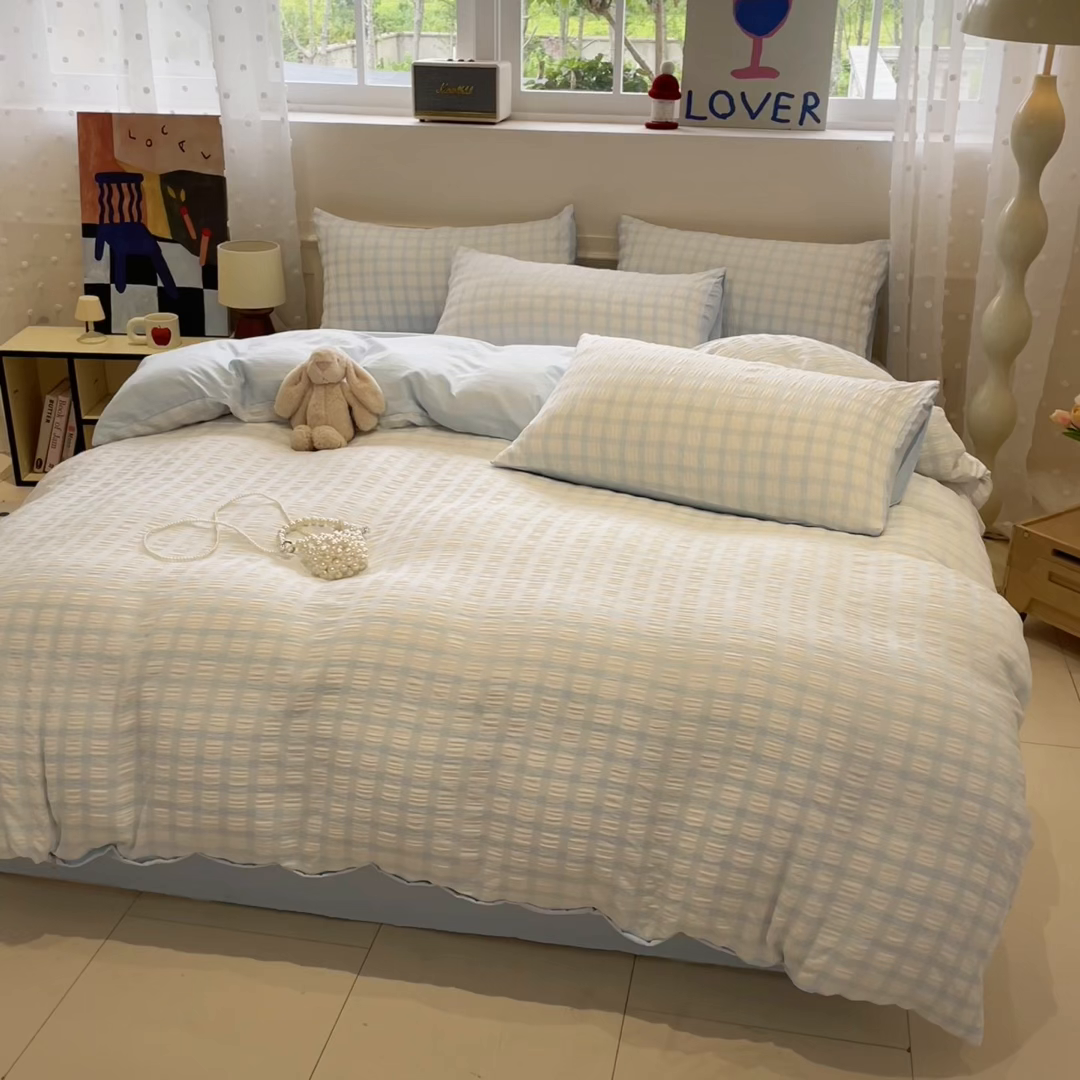 91家纺网 家纺一手货源 找家纺 凯洛奇 2025新款窗格纹泡泡纱阳离子四件套（提供买家秀） 窗格纹泡泡纱-天青蓝