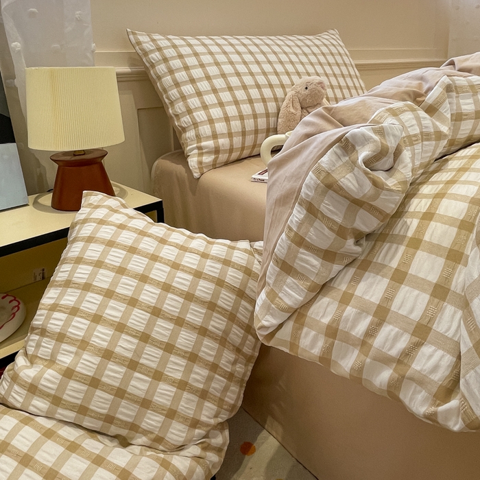91家纺网 家纺一手货源 找家纺 凯洛奇 2025新款窗格纹泡泡纱阳离子四件套 （提供买家秀）窗格纹泡泡纱-亚麻咖
