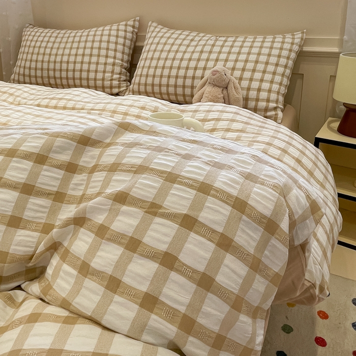 91家纺网 家纺一手货源 找家纺 凯洛奇 2025新款窗格纹泡泡纱阳离子四件套 （提供买家秀）窗格纹泡泡纱-亚麻咖