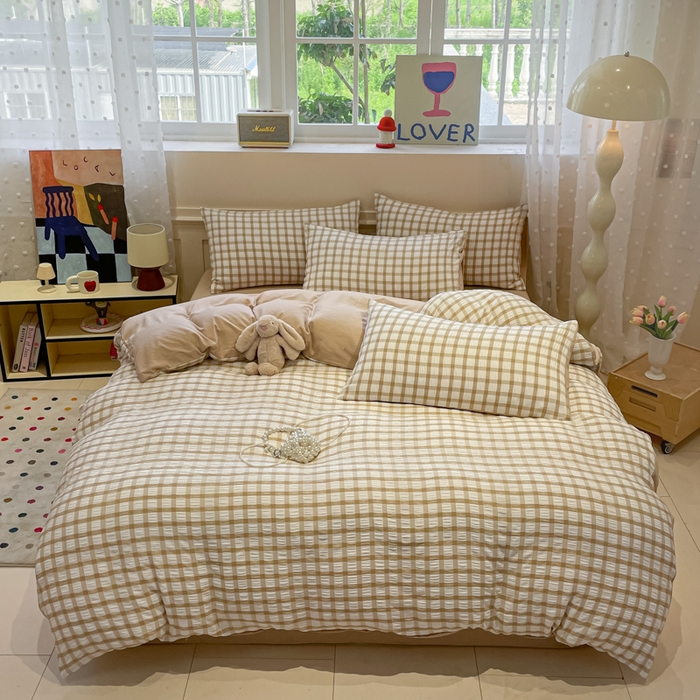 91家纺网 家纺一手货源 找家纺 凯洛奇 2025新款窗格纹泡泡纱阳离子四件套 （提供买家秀）窗格纹泡泡纱-亚麻咖