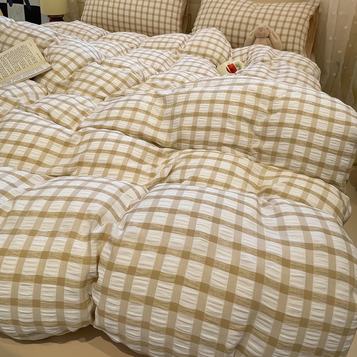 91家纺网 家纺一手货源 找家纺 凯洛奇 2025新款窗格纹泡泡纱阳离子四件套 （提供买家秀）窗格纹泡泡纱-亚麻咖