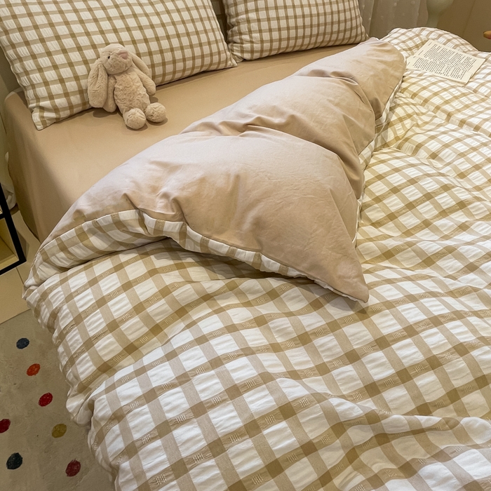 91家纺网 家纺一手货源 找家纺 凯洛奇 2025新款窗格纹泡泡纱阳离子四件套 （提供买家秀）窗格纹泡泡纱-亚麻咖