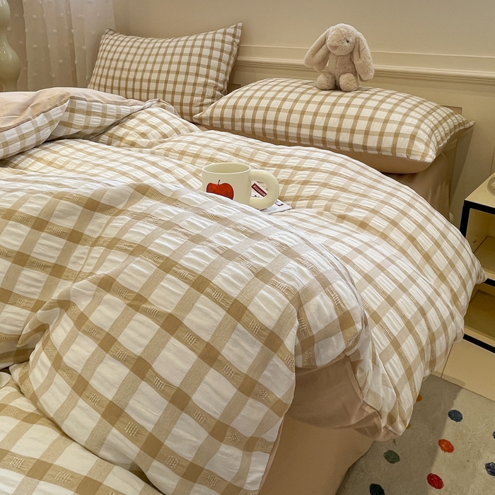 91家纺网 家纺一手货源 找家纺 凯洛奇 2025新款窗格纹泡泡纱阳离子四件套 （提供买家秀）窗格纹泡泡纱-亚麻咖