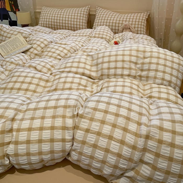 91家纺网 家纺一手货源 找家纺 凯洛奇 2025新款窗格纹泡泡纱阳离子四件套 （提供买家秀）窗格纹泡泡纱-亚麻咖