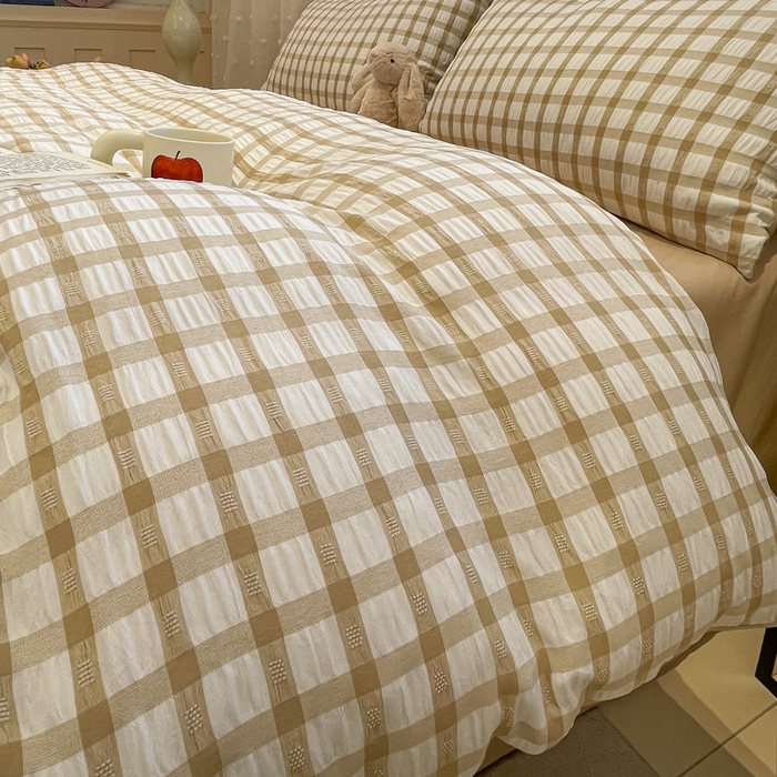 91家纺网 家纺一手货源 找家纺 凯洛奇 2025新款窗格纹泡泡纱阳离子四件套 （提供买家秀）窗格纹泡泡纱-亚麻咖