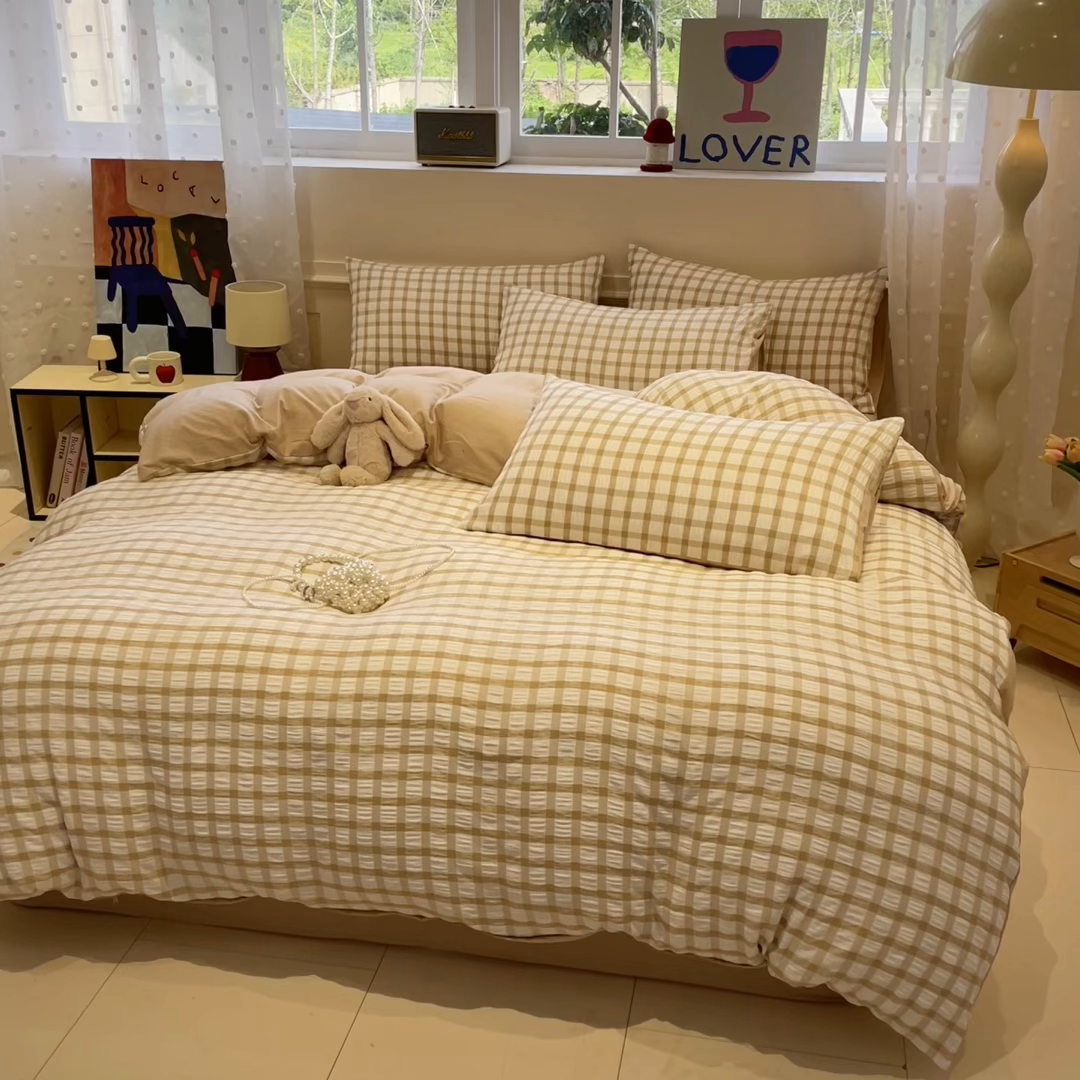 91家纺网 家纺一手货源 找家纺 凯洛奇 2025新款窗格纹泡泡纱阳离子四件套 （提供买家秀）窗格纹泡泡纱-亚麻咖