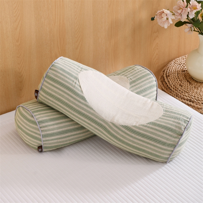 91家纺网 家纺一手货源 找家纺 织布人 2025新款荞麦枕棉麻韩式无印风元宝枕头全荞麦颈椎高枕硬枕芯 韩式无印风元宝枕-绿条纹 48x20x8cm/只